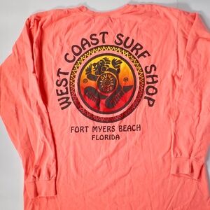 VTG West Coast Surf Shop FL Orange L T-Shirt LS Fort Myers Beach Sun God Logo